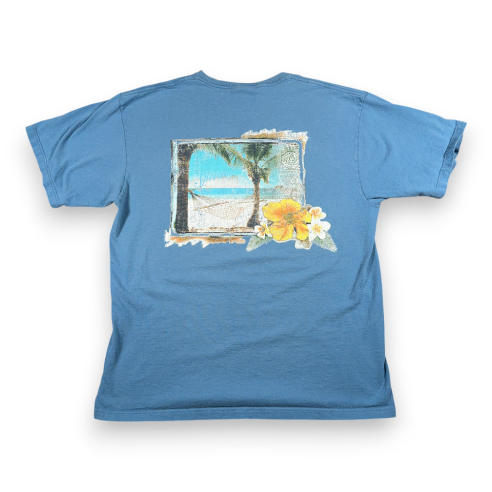 Vintage Speedo Shirt Adult LARGE Blue Beach Hammock Tropical Palm Flower Y2K